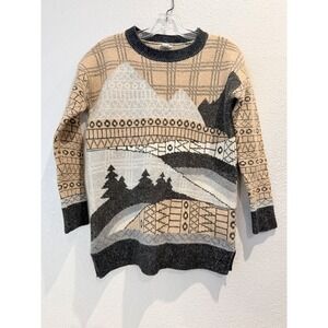 Woolrich Womens Mountain Landscape Lambswool Blend Knit Sweater Tan Grey Size M